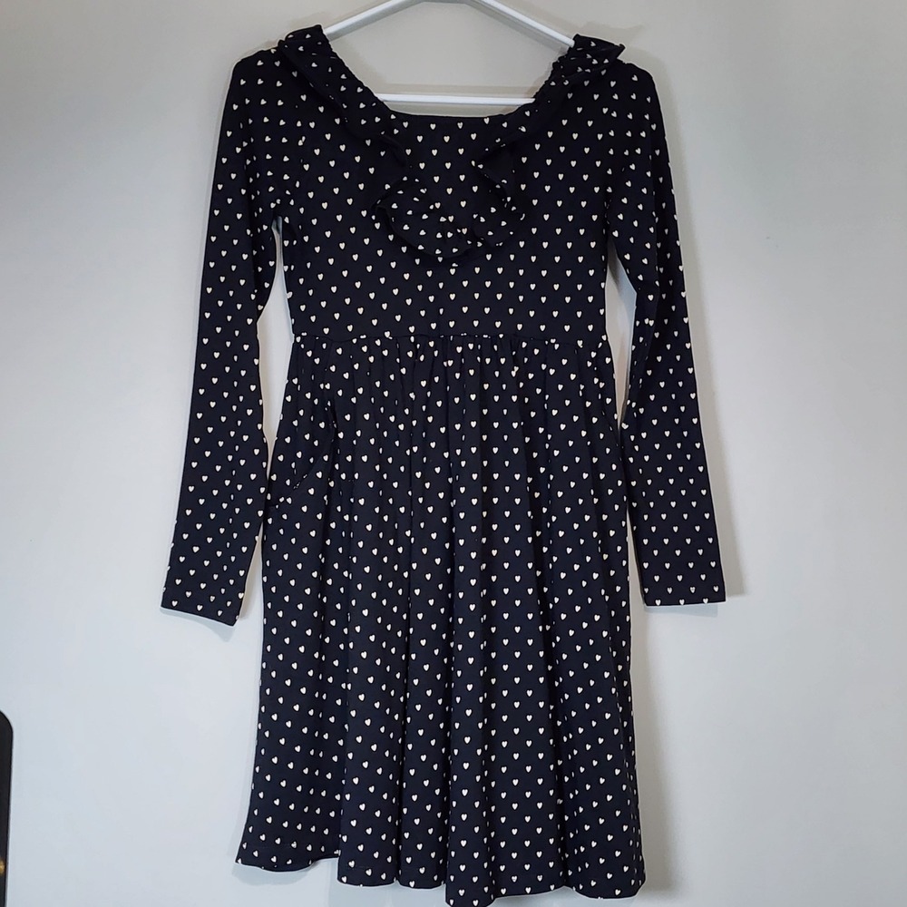 Hanna Andersson Skater Dress Girls 12 Black Heart Long Sleeve Pockets Modest